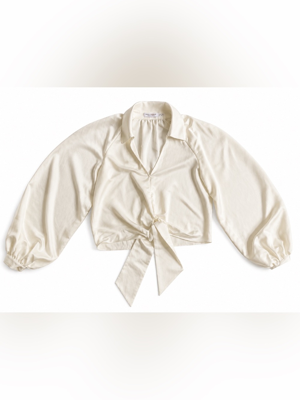 Ramy Brook Womens Satin Tie Front Crop Top  Long Sleeve Blouse White size S
